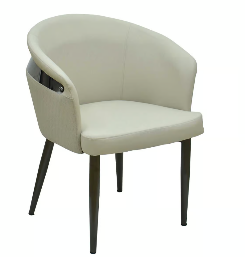 922-4多斯滕皮餐椅 (坐寬46坐深49坐高45.5cm)     材質: 高密度泡棉+高級進口皮革+不鏽鋼鍍黑鈦飾條 +鐵灰色防鏽烤漆鐵腳