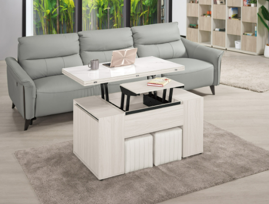 A1426-1 丹尼斯3.3尺岩板多功能大茶几 ◆附輔助椅x2、活動隔板x2 油壓升降五金