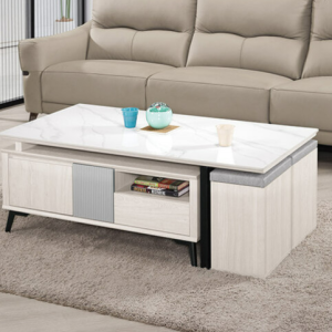 A1431-1 喬倫斯4.3尺岩板伸縮大茶几 桌面12mm岩板雙邊抽屜，雙邊開門附輔助椅*2