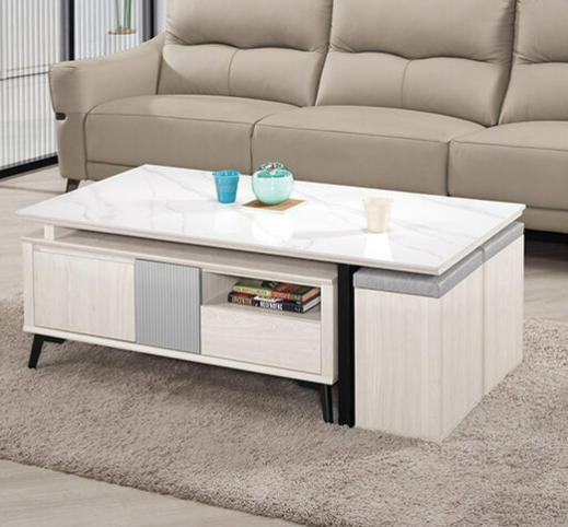 A1431-1 喬倫斯4.3尺岩板伸縮大茶几 桌面12mm岩板雙邊抽屜，雙邊開門附輔助椅*2