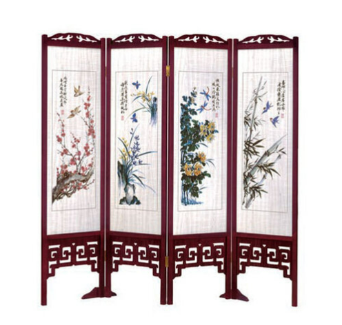 E458-1 彩色四君子圖屏風 617紅木 雙面精密印刷