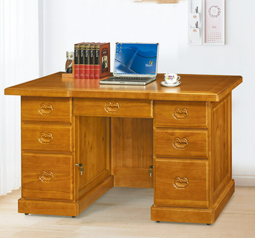 F262-2 雄獅樟木色5尺全實木書桌 含5mm強化玻璃