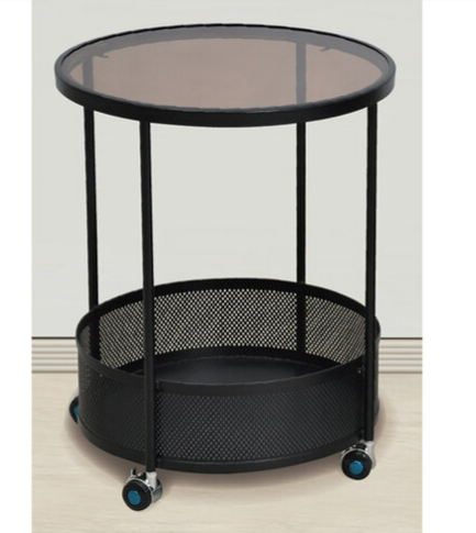 G591-3 K19小黑圓几 茶色玻璃 萬向輪