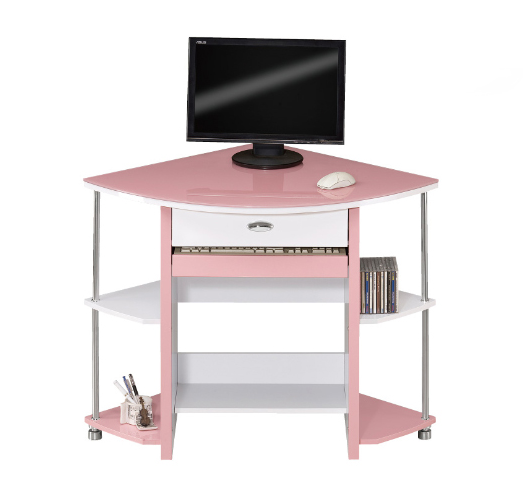 G646-5 X-031角櫃電腦桌 粉紅色 8mm強化玻璃