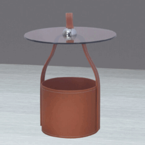 H466-2 618沐尼圓几 橘 馬鞍皮、 透光茶玻、