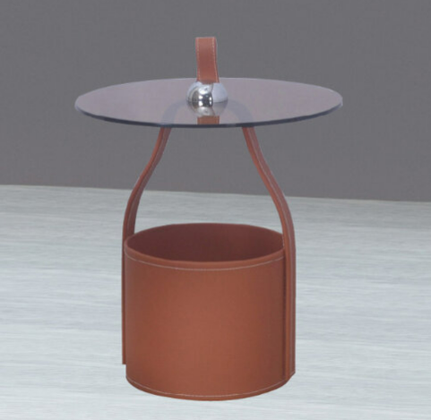 H466-2 618沐尼圓几 橘 馬鞍皮、 透光茶玻、