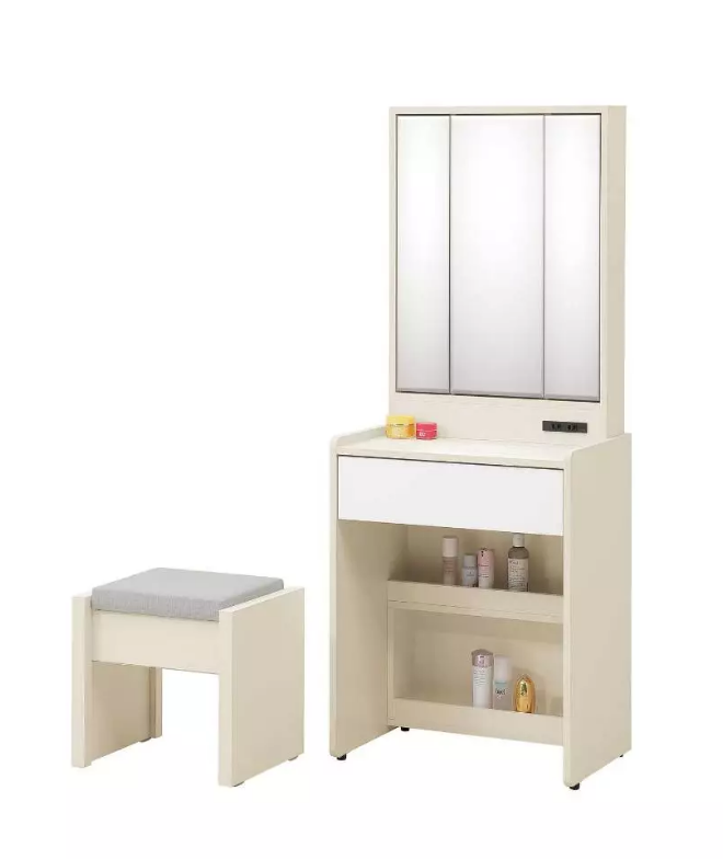 202-2 萊拉2尺鏡台 含椅 (鏡座高度77公分 附六片活動隔板)  (附安全開關插座 化妝椅可掀開置物)  (鏡面門片採用拍拍手)
