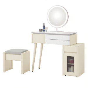 208-3 萊拉2.65尺岩板伸縮鏡台 含椅 附*1活動隔板 (不分左右方向) 下櫃門片為5MM長虹強化玻璃