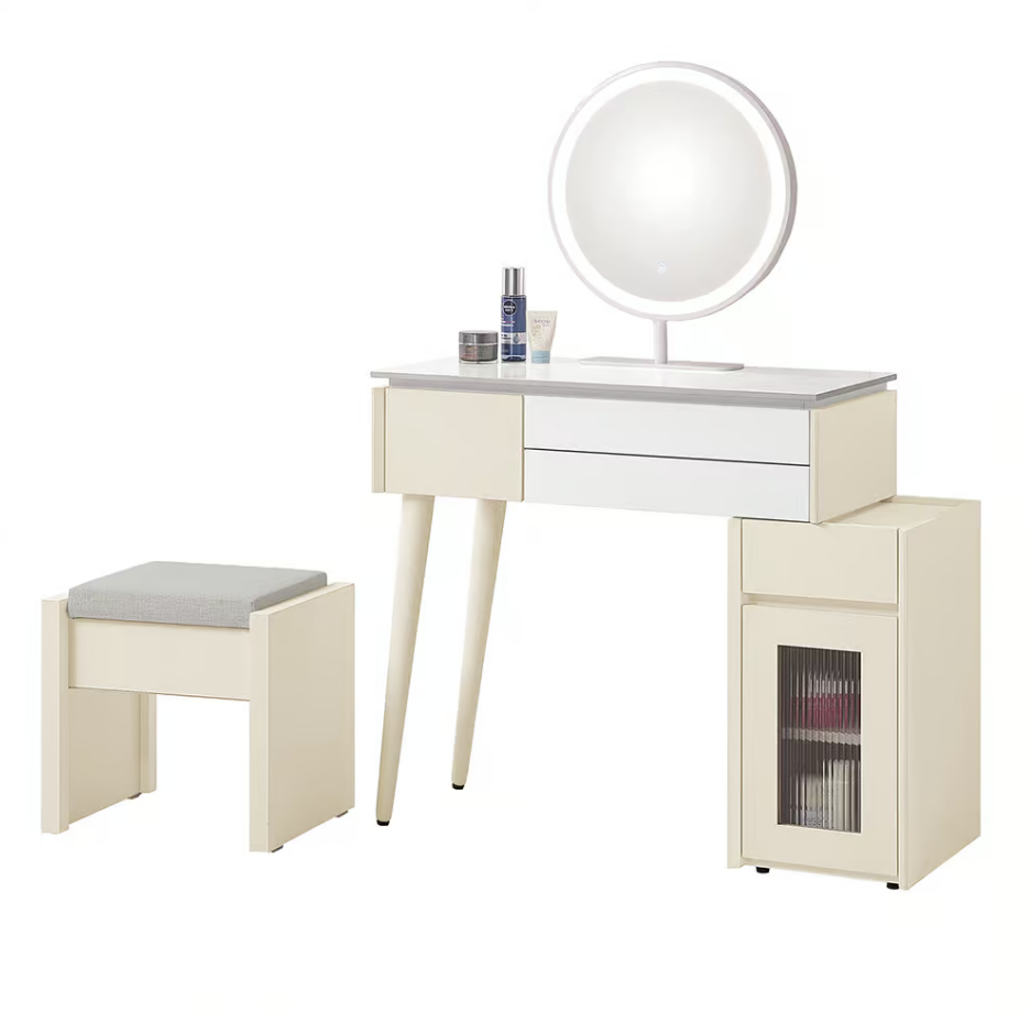 208-3 萊拉2.65尺岩板伸縮鏡台 含椅 附*1活動隔板 (不分左右方向) 下櫃門片為5MM長虹強化玻璃