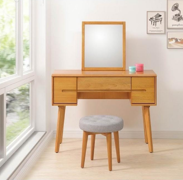 E6-4 米娜淺柚木3.3尺鏡台 含椅 抽屜*3