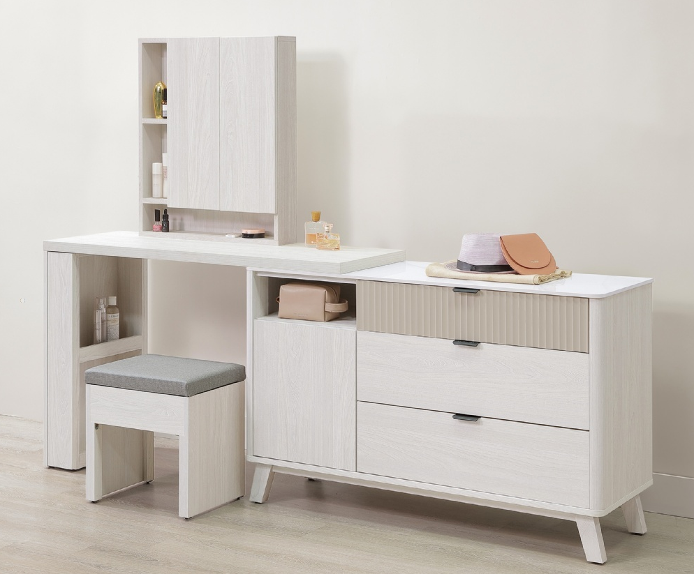 A56-03 索菲亞4尺岩板功能伸縮鏡台 含椅 可L型或一字型排列使用