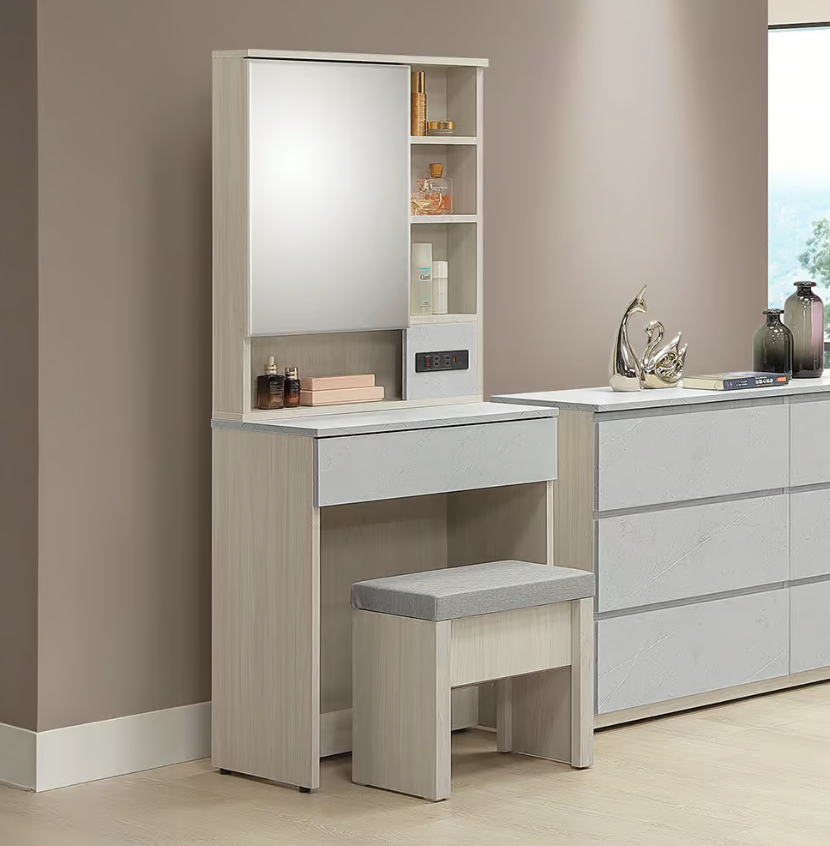 253-5 白雲木2尺鏡台 含椅 (鏡座高度77cm)(恕不拆賣) (化妝椅尺寸：寬39x深30x高42cm) (化妝椅不可掀開置物)