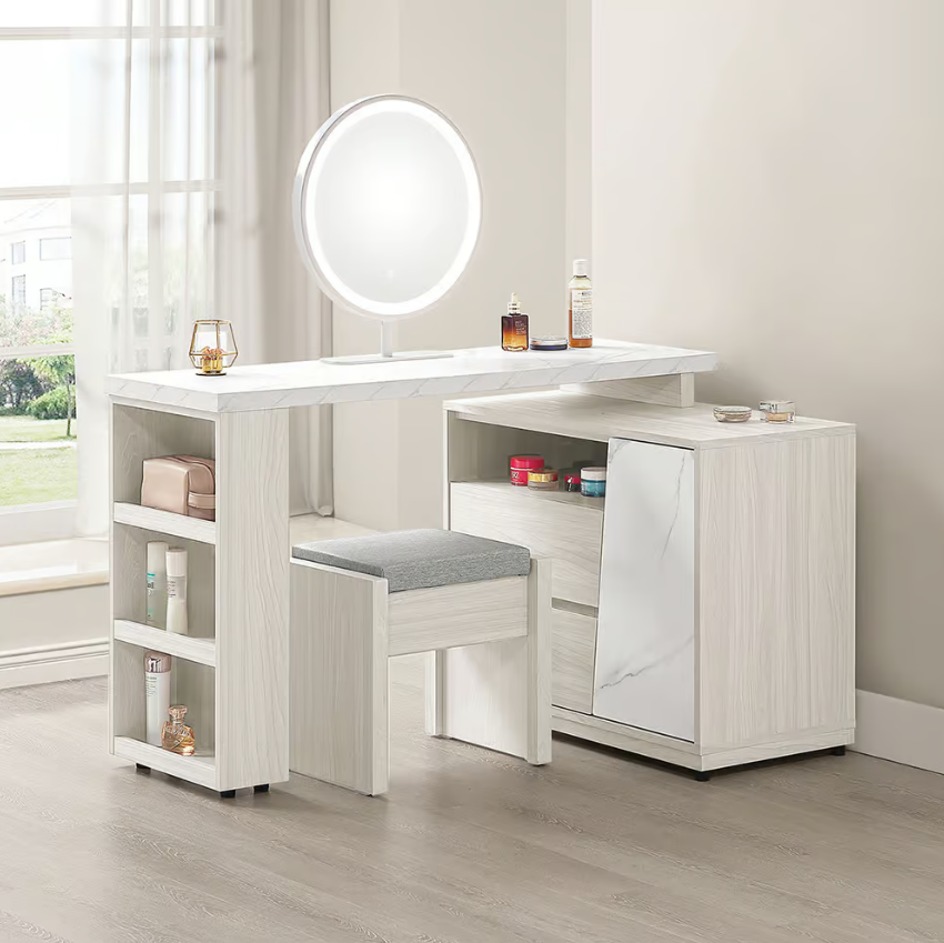 270-2 蘿拉4尺多功能組合鏡台 全組含椅 (不分左右方向) (收納櫃門內附1片活動隔板)(仿大理石紋美耐皿桌面)