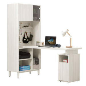 712-2 蓁妮5尺組合書桌櫃 全組⊙書桌面尺寸：150×55cm、 ⊙附1大1小活動隔板.1個2孔2插座、 ⊙洞洞板附2片小隔板+4支長木棍+ 3支短木棍配件、 ⊙不分左右方向、