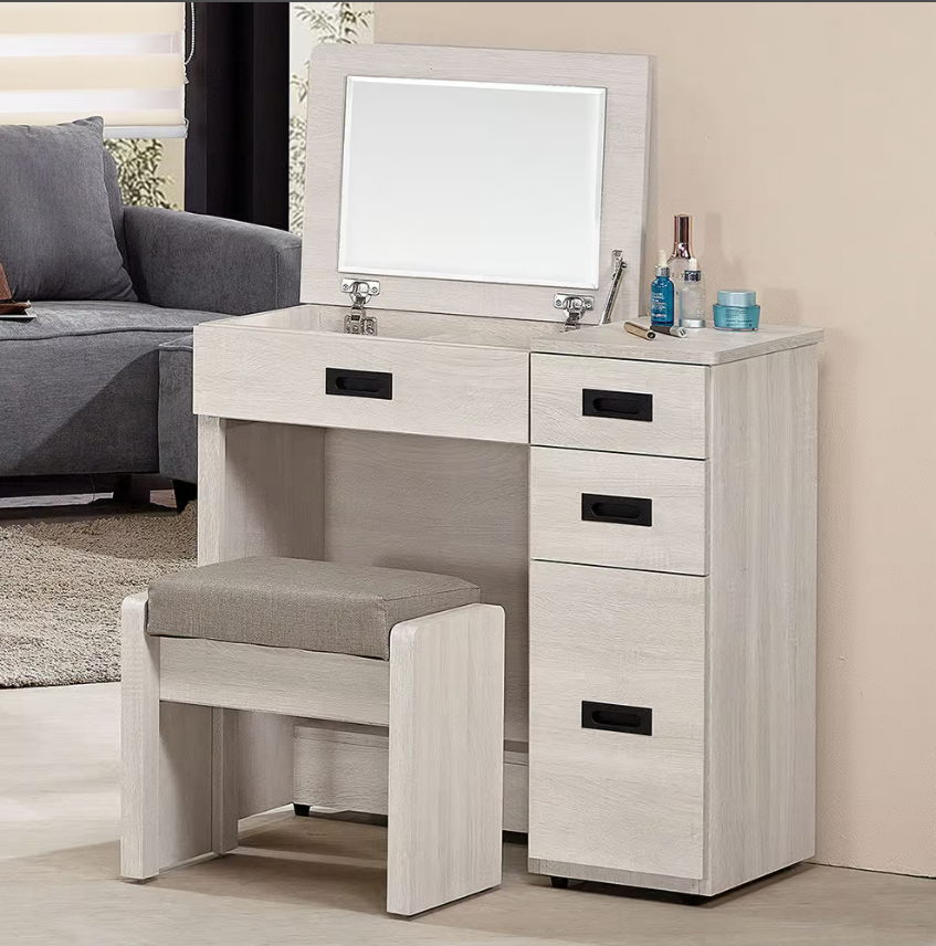 334-2卡亞白梧桐色2.7尺掀式鏡台 含椅