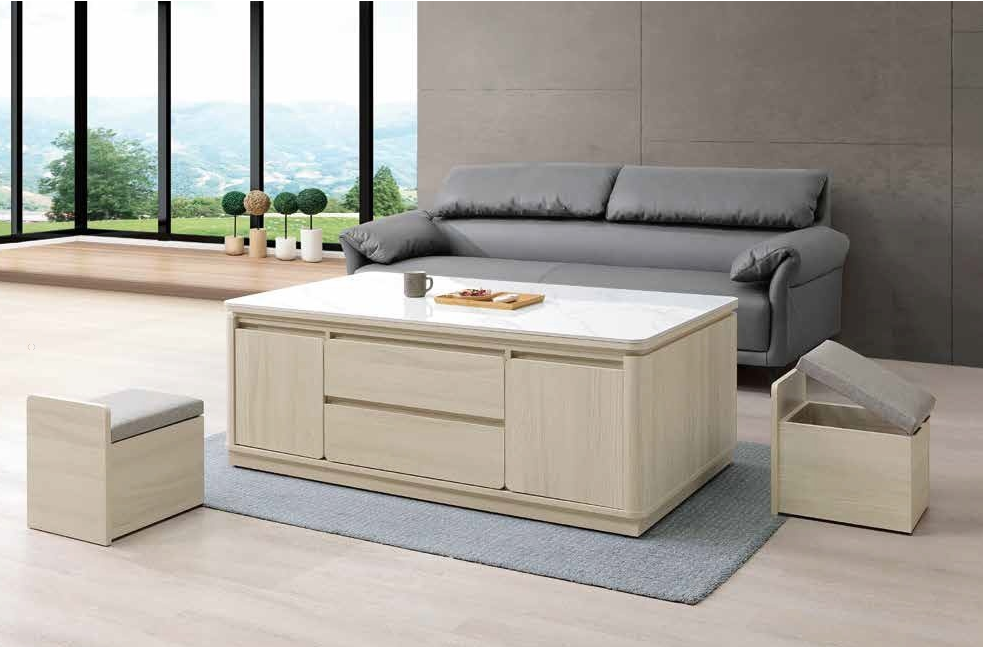 A291-01 佛雷4.65尺岩板多功能茶几 二椅凳可收納茶几背面