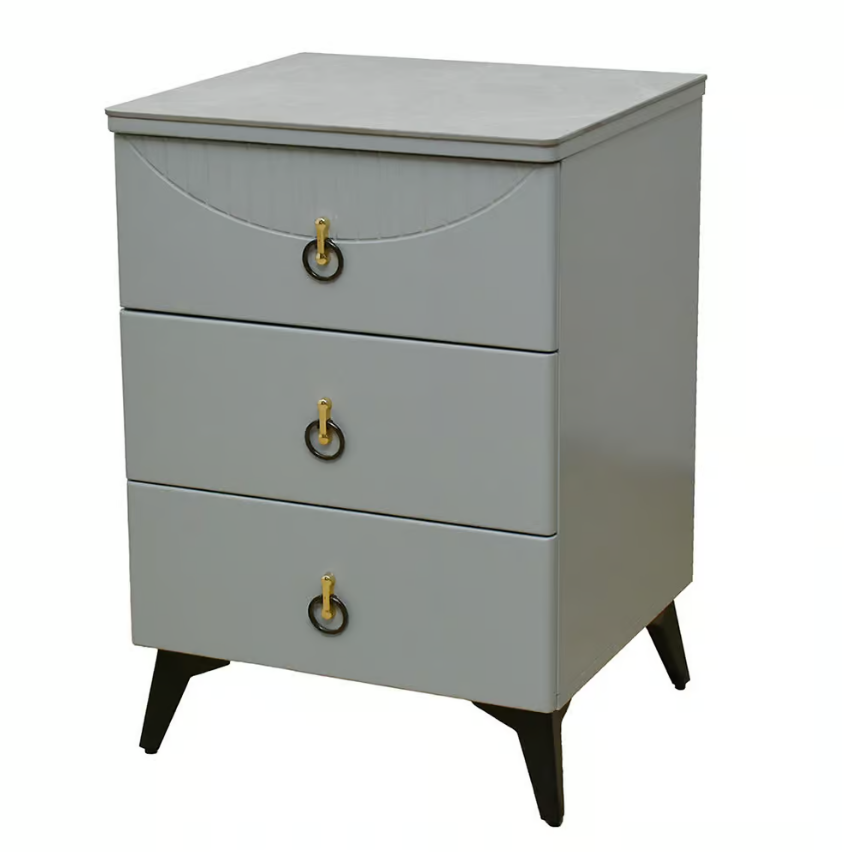 410-3 利索爾岩板三抽床頭櫃 6mm亮面岩板+高級MDF+11cm防鏽烤漆黑鐵腳 (抽屜採高級鋼珠滑軌)(塗裝採PU平光烤漆)