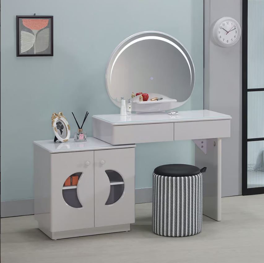 413-2 希洛唯伸縮玻璃鏡台 含椅(地面至桌面高度76cm）(附1片活動隔板） (不分左右方向)