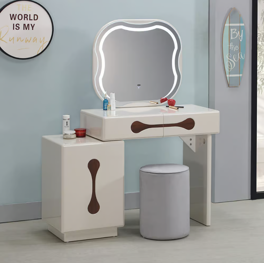 414-6 佛羅安伸縮鏡台 含椅 (地面至桌面高度76cm） (小置物櫃門片由側面右往左開）(附1片活動隔板） (不分左右方向)