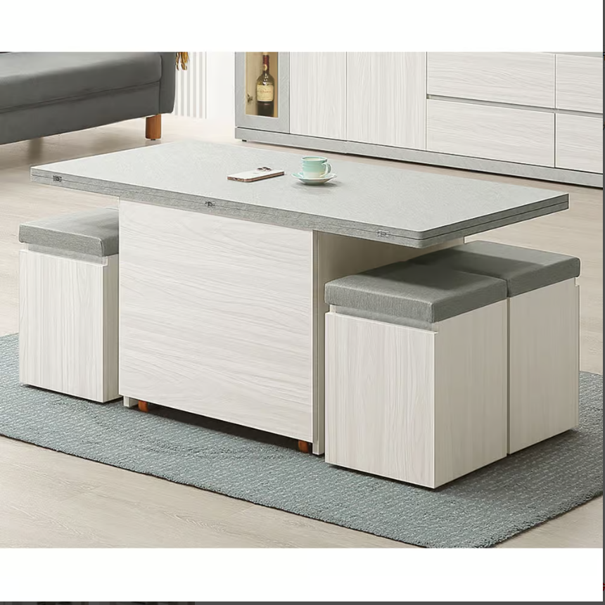 534-2 黛拉4尺雙升降大茶几 (附4張可置物輔助椅) (輔助椅尺寸：寬29.5x深29.5x高42cm) (油壓升降五金.附2顆活動車輪)