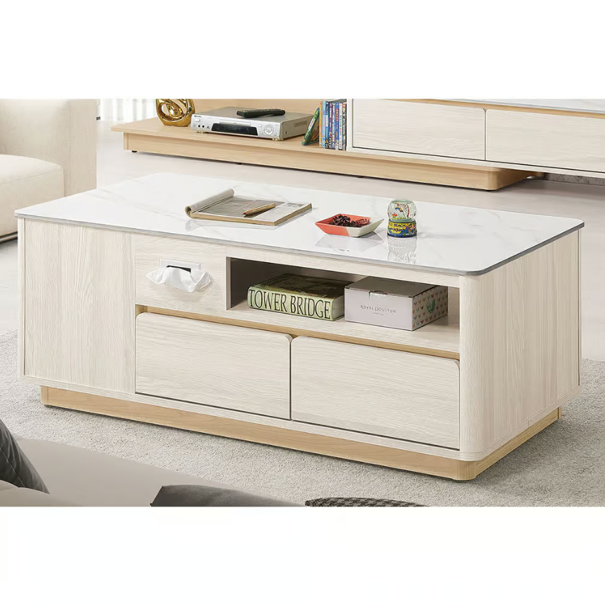 540-2 木可4尺雪山岩板四抽大茶几 (兩面雙抽皆可開.前後各1個面紙盒把手.附2張腳椅) (腳椅尺寸：寬34.6x深25x高30cm)