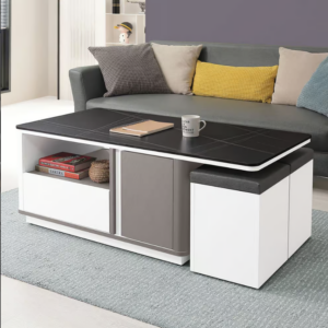 553-2 優佳4尺二門二抽黑金岩板大茶几 (兩面單抽單門皆可開) (附2張可收納貓抓皮輔助椅) (輔助椅尺寸：寬30x深29x高41cm)1.2cm 平光岩板