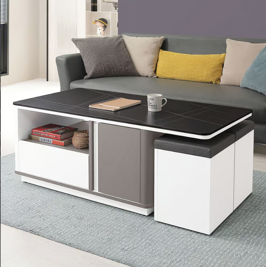 553-2 優佳4尺二門二抽黑金岩板大茶几 (兩面單抽單門皆可開) (附2張可收納貓抓皮輔助椅) (輔助椅尺寸：寬30x深29x高41cm)1.2cm 平光岩板