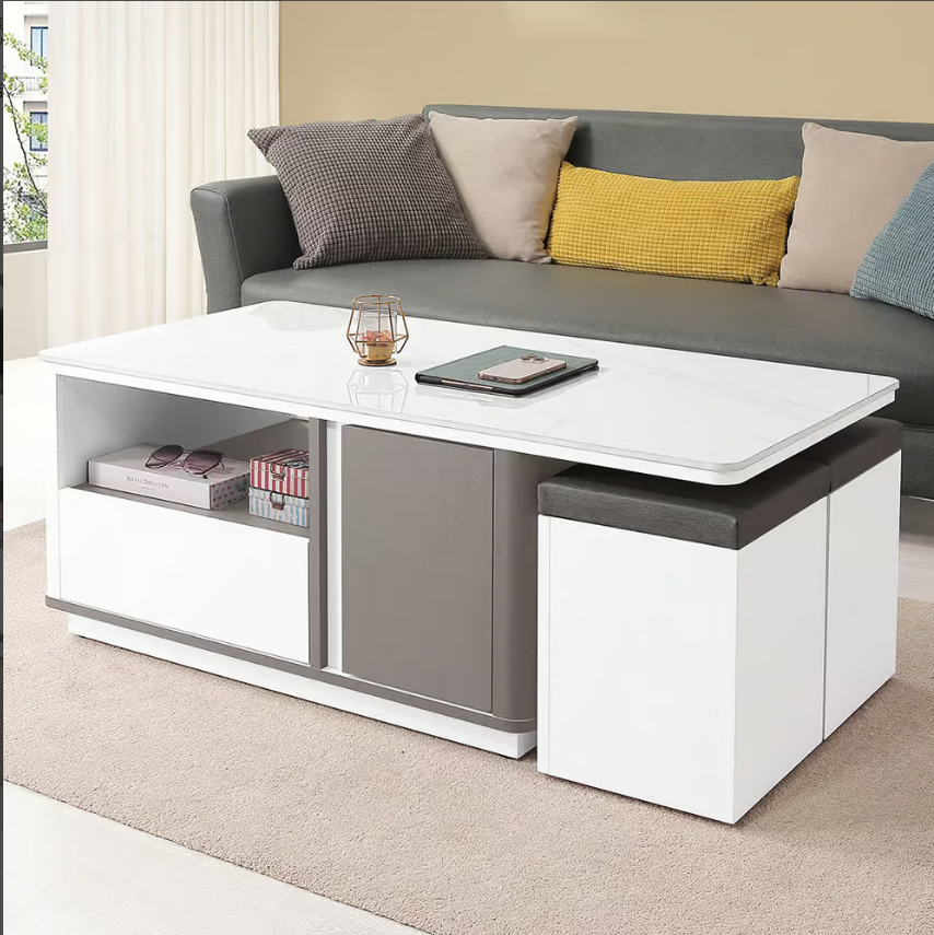 553-3 優佳4尺二門二抽雪山岩板大茶几 (兩面單抽單門皆可開) (附2張可收納貓抓皮輔助椅) (輔助椅尺寸：寬30x深29x高41cm)1.2cm 亮面岩板