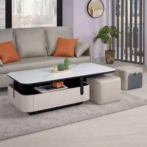 559-3 威席4.3尺科技石大茶几 (附皮凳x2,尺寸：寬37x深33x高31cm） (兩面單抽皆可開）(恕不拆賣）