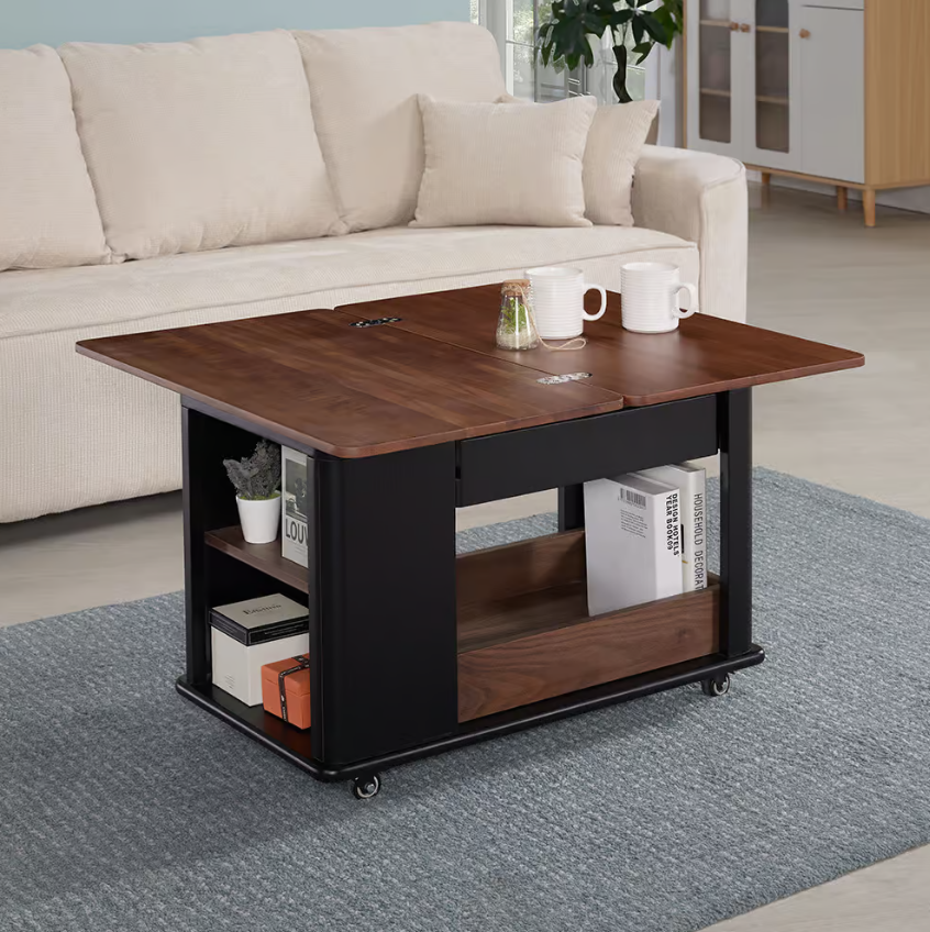 577-3 霍華黑色折疊茶几 (單抽雙面開.附4顆煞車輪）