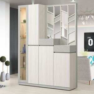 631-2 黛拉4.65*6.5尺玄關組合鞋櫃 全組 ⊙展示櫃附4片8mm玻璃隔板、 ⊙4片活動木隔板、 ⊙附按鍵式黃光投射燈具、 ⊙門片採用3mm強化玻璃、 ⊙屏風櫃附7片活動隔板+2個透氣孔、