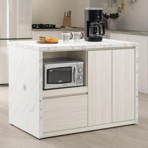 816-3 蘿拉4尺中島型碗碟櫃 ⊙附1片活動隔板、 ⊙側板附1個出線孔蓋、 ⊙仿大理石紋美耐皿桌面、