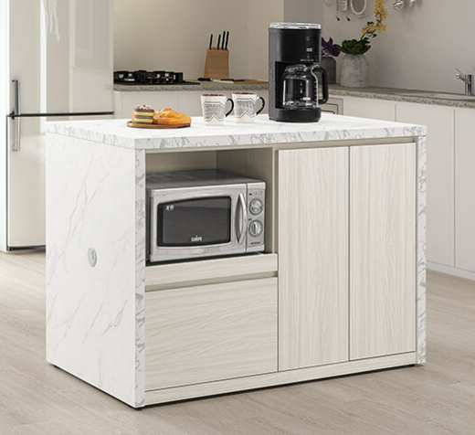 816-3 蘿拉4尺中島型碗碟櫃 ⊙附1片活動隔板、 ⊙側板附1個出線孔蓋、 ⊙仿大理石紋美耐皿桌面、