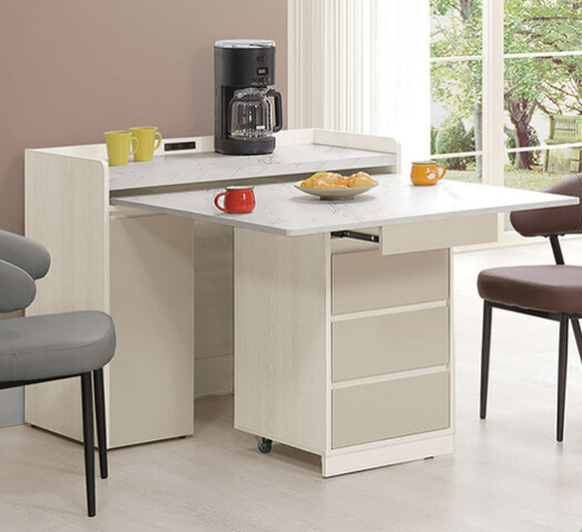 829-2 蕾佳娜3.5尺移動式餐桌櫃 ⊙仿大理石紋美耐皿桌面、 ⊙附檢驗合格兩插插座.附4顆可固定輪、 ⊙左右門內各附1片活動隔板、