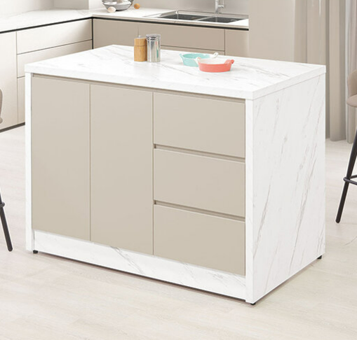 830-6 蕾佳娜4尺中島櫃 ⊙仿大理石紋美耐皿桌面、 ⊙開門內附1片活動隔板