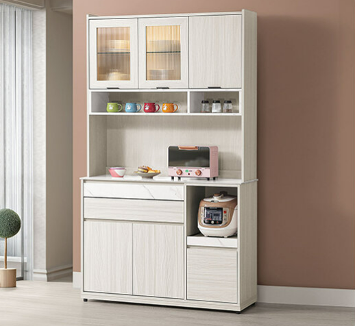 816-2 蘿拉4尺岩板餐櫃 上+下⊙附1片玻璃活動隔板、 ⊙附1大1小木心板活動隔板、 ⊙附USB充電式LED感應燈、 ⊙上座左門片採用5mm長虹強化玻璃、