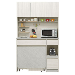 820-2 黛拉4尺餐桌式餐櫃 上+下 ⊙附1大1小活動隔板、 ⊙附4張輔助椅、 ⊙ 椅子尺寸：寬30×深25×高39cm、 ⊙附洞洞板2片隔板.3支木棒配件、 ⊙附1個電線孔、