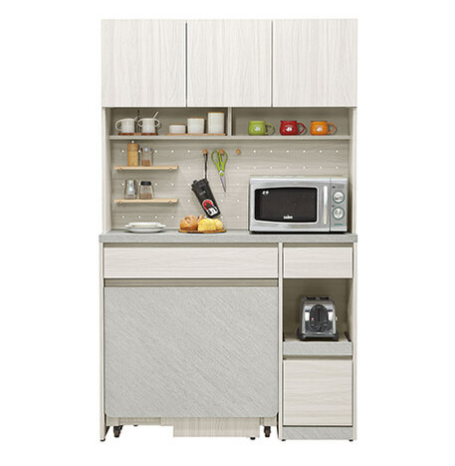 820-2 黛拉4尺餐桌式餐櫃 上+下 ⊙附1大1小活動隔板、 ⊙附4張輔助椅、 ⊙ 椅子尺寸：寬30×深25×高39cm、 ⊙附洞洞板2片隔板.3支木棒配件、 ⊙附1個電線孔、