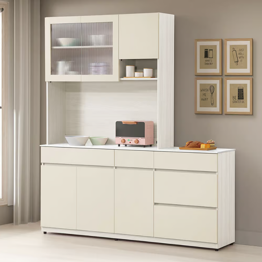 832-2 燕麥6尺岩板餐櫃 上+下 ⊙上座附1個插座)(附2大1小活動隔板、 ⊙上座左邊開門為5mm長虹玻璃