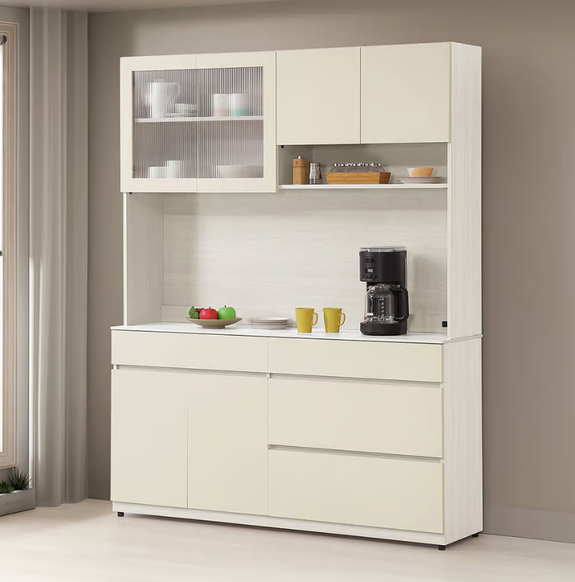 832-4 燕麥5.3尺岩板餐櫃 上+下 ⊙上座附1個插座、 ⊙附2片活動隔板⊙上座左邊開門為5mm長虹玻璃、