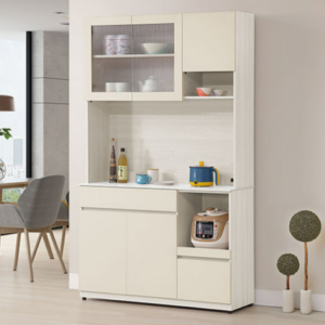 832-5 燕麥4尺岩板餐櫃 上+下  ⊙上座附1個插座、 ⊙附2片活動隔板、 ⊙上座左邊開門為5mm長虹玻璃、 ⊙下座附1個電線孔、