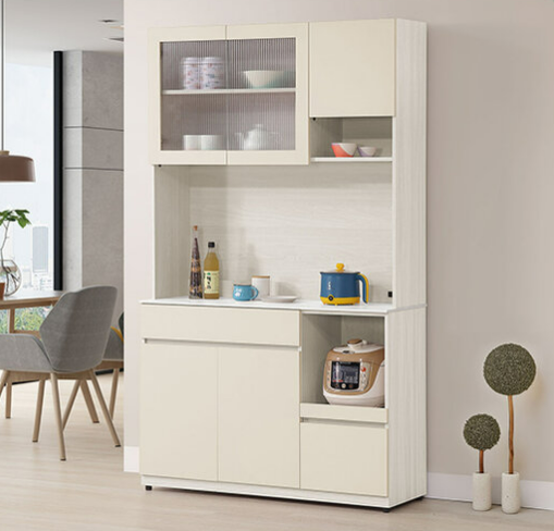 832-5 燕麥4尺岩板餐櫃 上+下  ⊙上座附1個插座、 ⊙附2片活動隔板、 ⊙上座左邊開門為5mm長虹玻璃、 ⊙下座附1個電線孔、