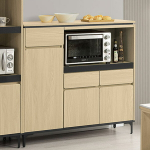 839-3 優悅4尺木面餐櫃 ⊙附1大2小活動隔板.附1個出線孔、 烤漆黑鐵腳、