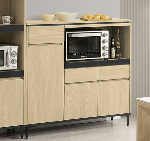 839-3 優悅4尺木面餐櫃 ⊙附1大2小活動隔板.附1個出線孔、 烤漆黑鐵腳、