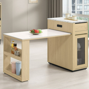 839-6 優悅4.2尺伸縮中島岩板餐桌櫃 ⊙附1片活動隔板.附USB-TYPE-C插座、 ⊙兩面單抽.單門皆可開、