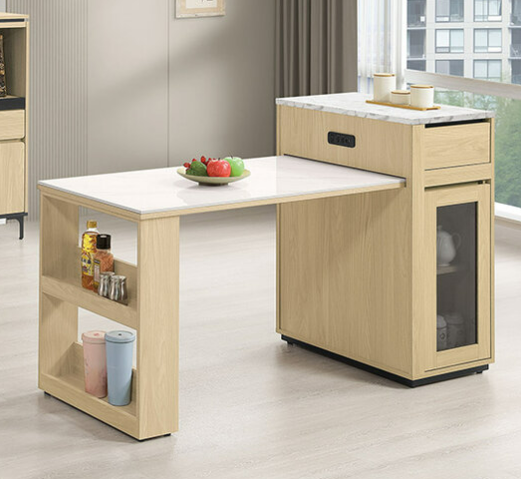 839-6 優悅4.2尺伸縮中島岩板餐桌櫃 ⊙附1片活動隔板.附USB-TYPE-C插座、 ⊙兩面單抽.單門皆可開、