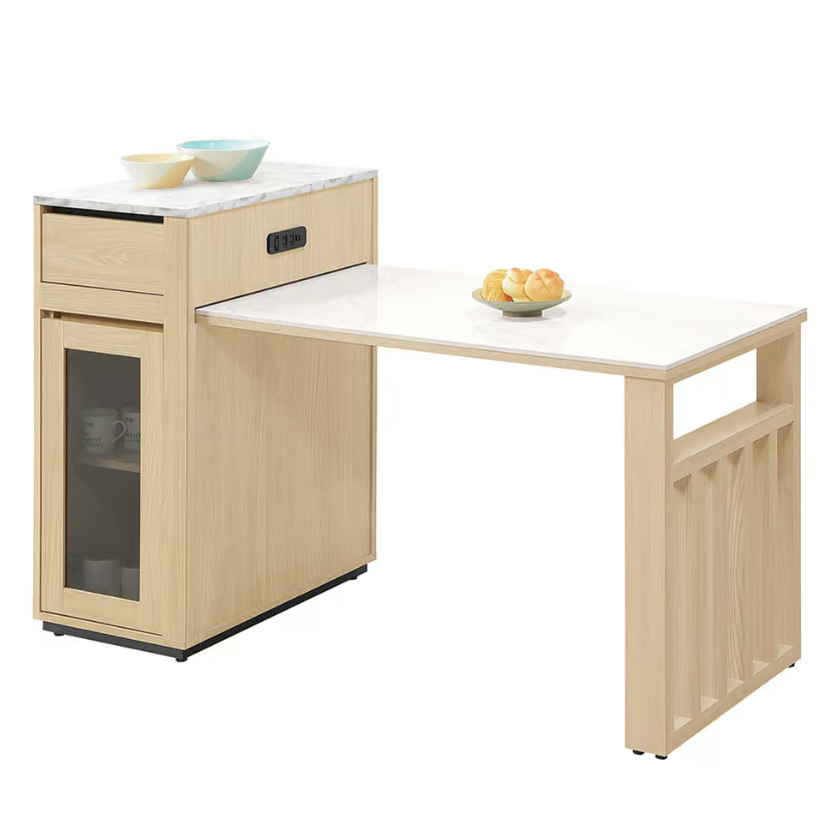 839-8 優悅4.2尺伸縮中島岩板餐桌櫃 ⊙附1片活動隔板.附USB-TYPE-C插座、 ⊙兩面單抽.單門皆可開、