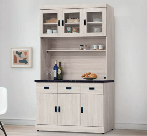 E375-3 歐肯鋼刷白4尺碗碟櫃 全組/含石面